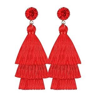 Druzy Stud Red Tiered Tassel Earrings